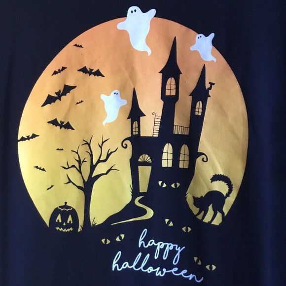 Black Halloween tee with large moon, bats, cat, pumpkin, “Happy Halloween” - Picture 3 of 4